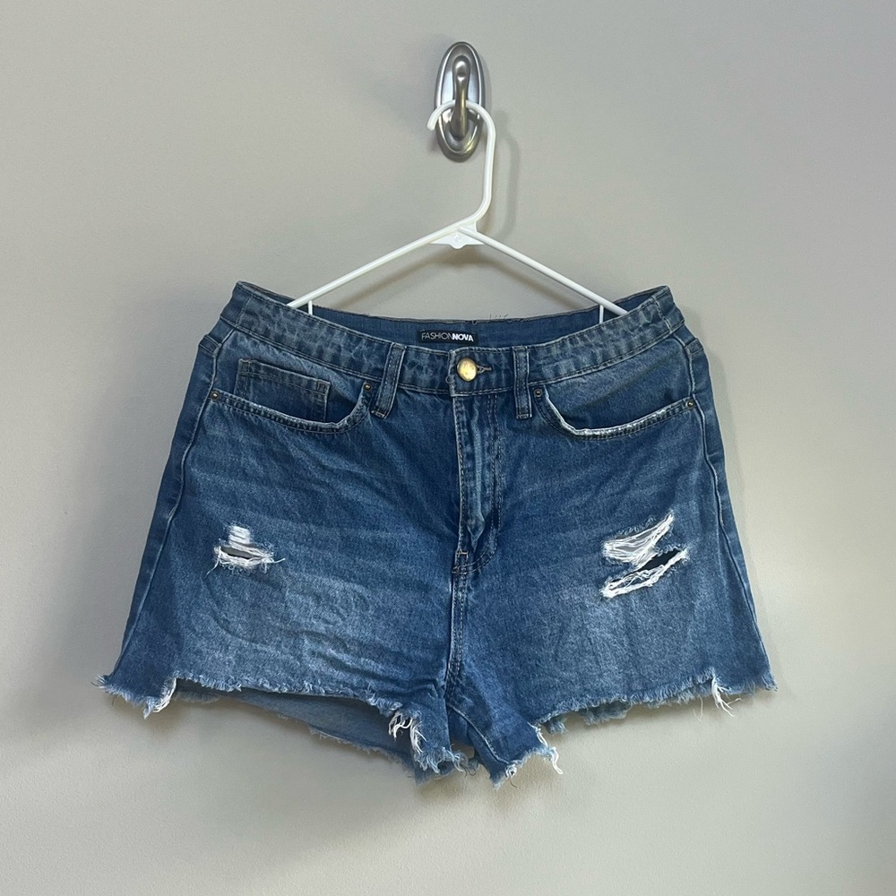 Fashion Nova Blue Distressed Jean Shorts With Holes Size 11